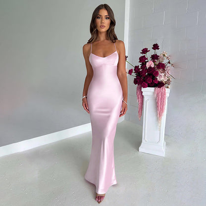 Simple Satin Tie Waist Strap Long Dress Birthday Party Wedding Banquet Slim Fit Dress