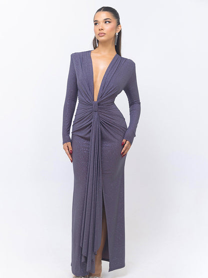 Cross-border Autumn and Winter Sexy Deep V-neck Sequin Strap Dress Elegant Long-sleeve Split Slim-fit Party