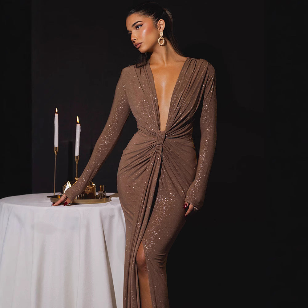 Cross-border Autumn and Winter Sexy Deep V-neck Sequin Strap Dress Elegant Long-sleeve Split Slim-fit Party