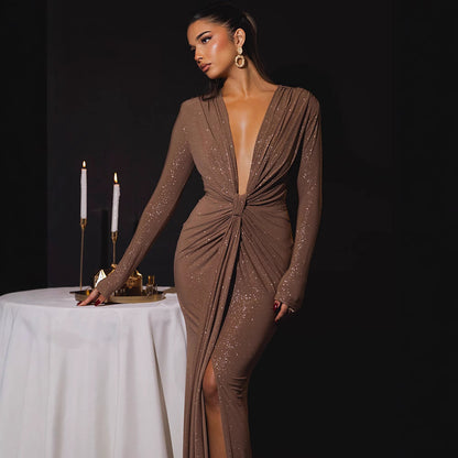 Cross-border Autumn and Winter Sexy Deep V-neck Sequin Strap Dress Elegant Long-sleeve Split Slim-fit Party