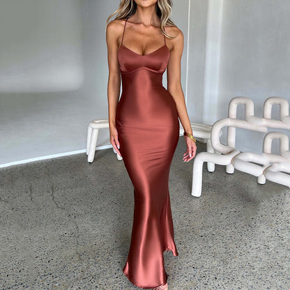 Simple Satin Tie Waist Strap Long Dress Birthday Party Wedding Banquet Slim Fit Dress