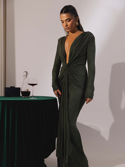 Cross-border Autumn and Winter Sexy Deep V-neck Sequin Strap Dress Elegant Long-sleeve Split Slim-fit Party