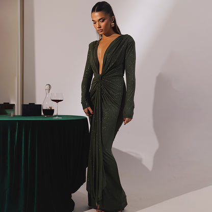 Cross-border Autumn and Winter Sexy Deep V-neck Sequin Strap Dress Elegant Long-sleeve Split Slim-fit Party