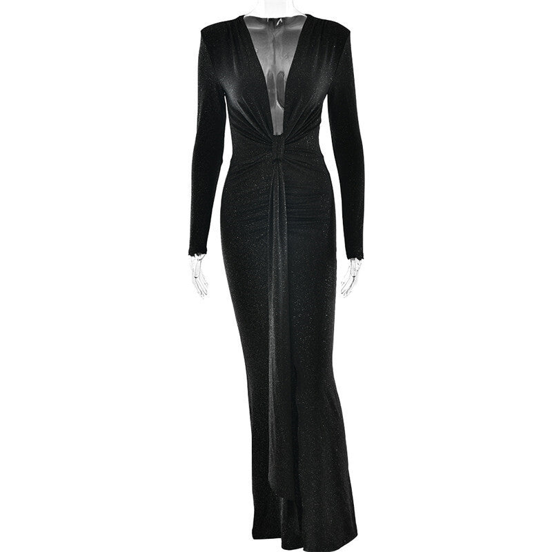 Cross-border Autumn and Winter Sexy Deep V-neck Sequin Strap Dress Elegant Long-sleeve Split Slim-fit Party