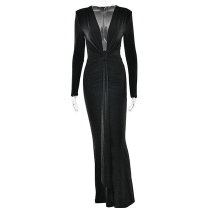Cross-border Autumn and Winter Sexy Deep V-neck Sequin Strap Dress Elegant Long-sleeve Split Slim-fit Party