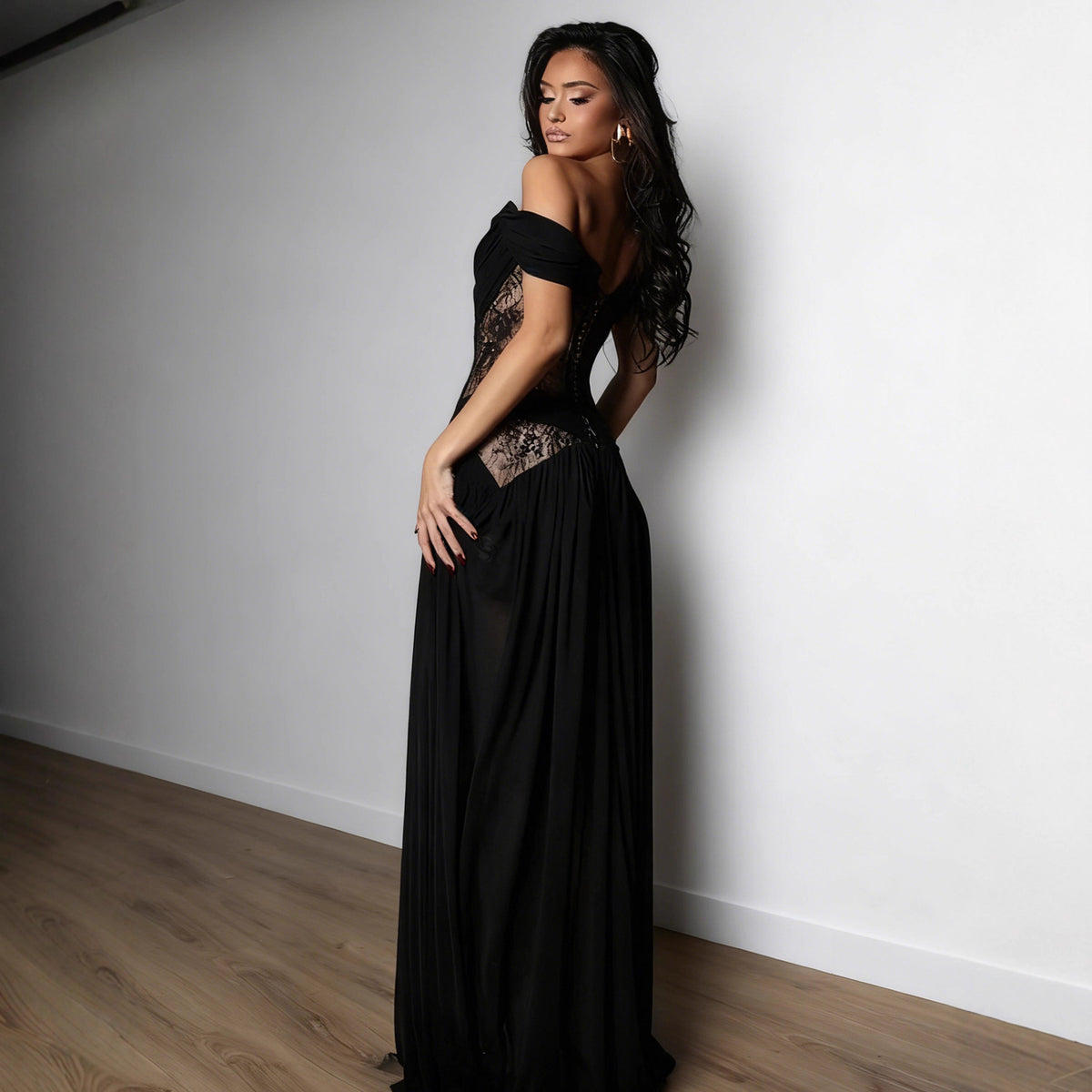 Black Off-Shoulder Lace Evening Dress