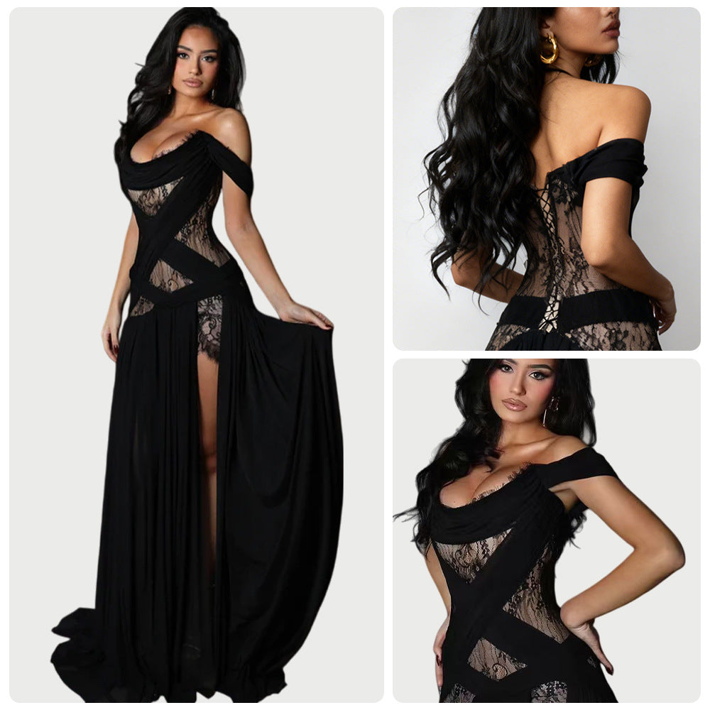 Black Off-Shoulder Lace Evening Dress