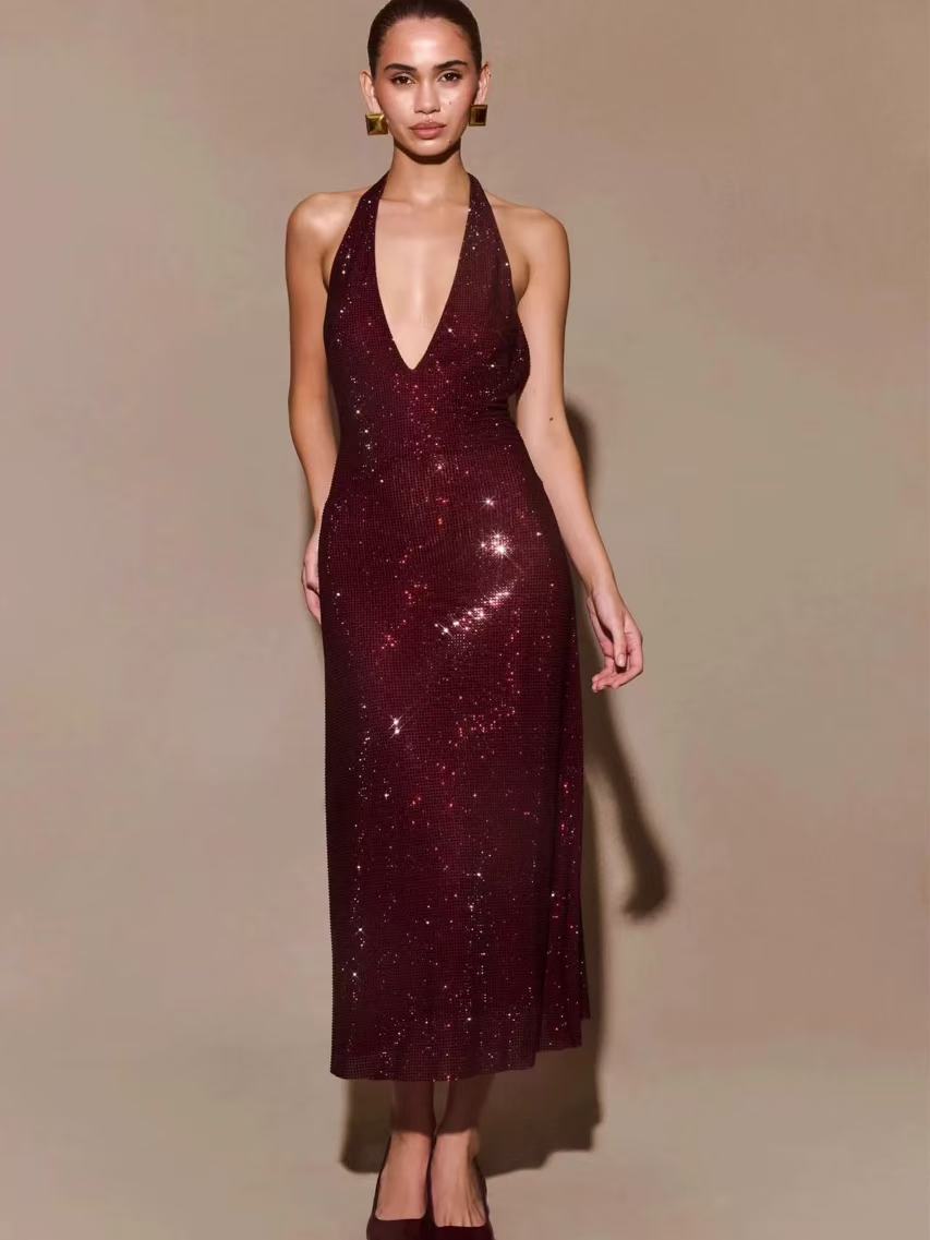 Sequin Deep V-Neck Party Dress