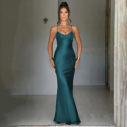 Simple Satin Tie Waist Strap Long Dress Birthday Party Wedding Banquet Slim Fit Dress