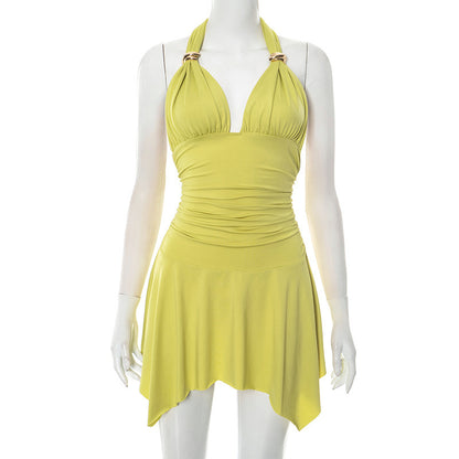 Sexy halter sleeveless solid-color mini dress