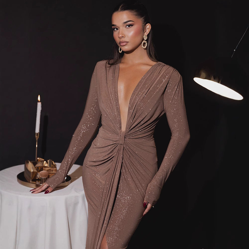 Cross-border Autumn and Winter Sexy Deep V-neck Sequin Strap Dress Elegant Long-sleeve Split Slim-fit Party