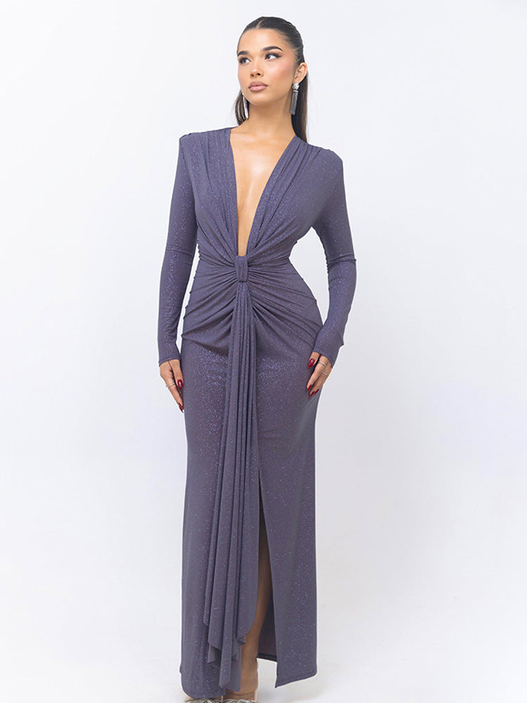 Cross-border Autumn and Winter Sexy Deep V-neck Sequin Strap Dress Elegant Long-sleeve Split Slim-fit Party