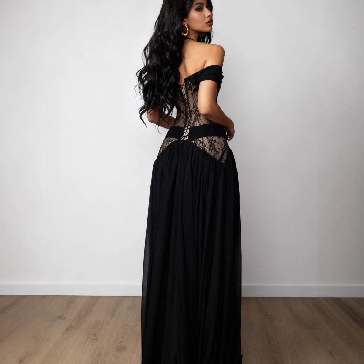 Black Off-Shoulder Lace Evening Dress